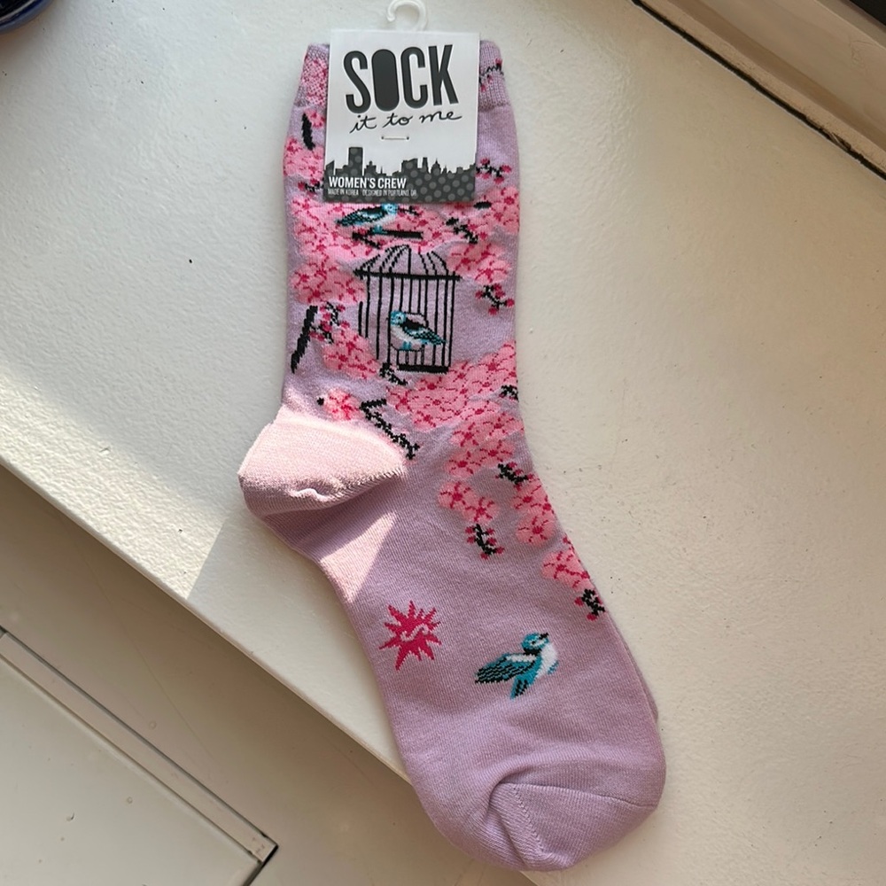 Sock it to me Pink and Purple Bird Pattern Crew Socks